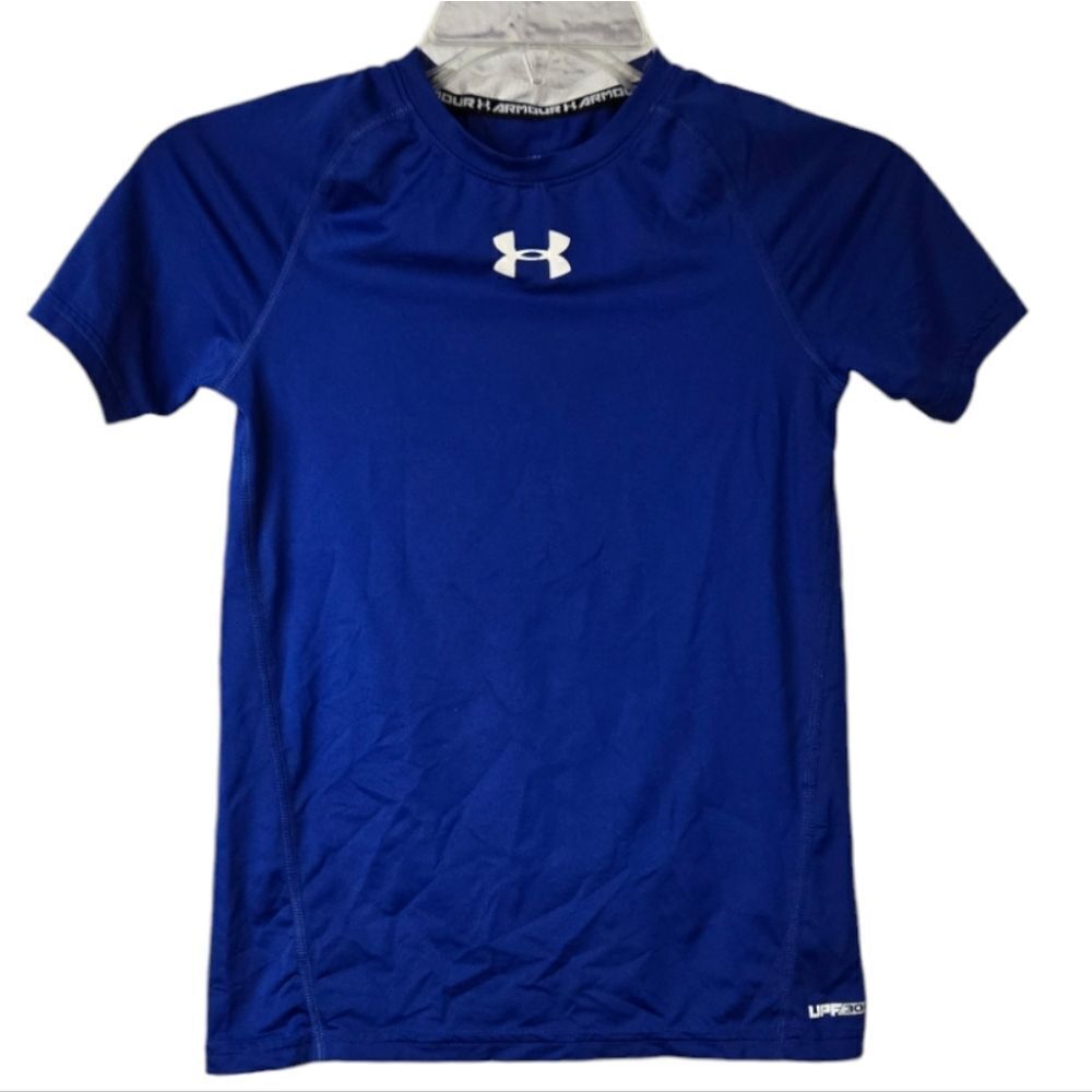 Under Armour YMD Youth Boy's HeatGear Short Sleeve Fitted Shirt UPF 30 Blue Top